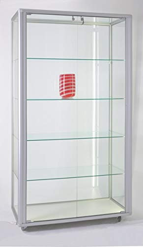 MHN Glasvitrine mit Rollen T 55,5 x B 99 x H 184,5 cm - breite Glas Standvitrine abschließbar - Ausstellungs-Vitrine - LED-Beleuchtung