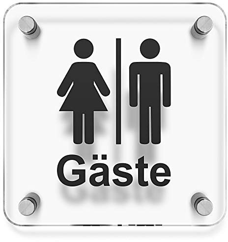 Türschilder24 WC Toiletten Wandschild/Türschild • Gäste - Gäste WC • 150 x 150mm. Schild besteht aus hochtransparentem 3mm Acrylglas. Inkl. 4 x Abstandshalter aus V2A Edelstahl
