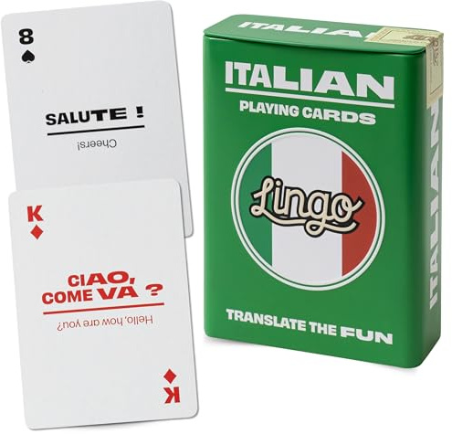 Lingo Italian Playing Cards in Premium Travel Tin | Learn Italian Vocabulary & Phrases for Adults & Beginners | Luxury Gift Box Edition for Italy Travelers | Language Learning Flashcard Deck
