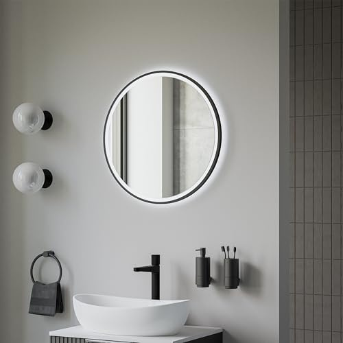 BERNSTEIN® LED Badezimmerspiegel 8232 2.0 rund mit Leichtmetallrahmen in Schwarz Wandmontage, Warm-/Kaltlichteinstellung Wandspiegel mit Sandbestrahltem Rand, Spiegel mit Aluminiumrahmen Ø 60cm