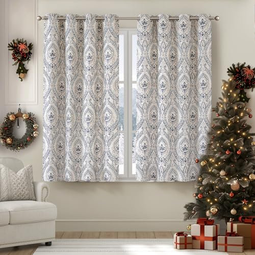 TOPICK Blickdicht Vorhänge Wärmeisoliert Verdunkelungsvorhang mit Ösen Blumen Muster Vintage Leinenoptik Gardine Lichtdicht Thermovorhang für Wohnzimmer Schlafzimmer 2 Stück H145xB130cm Blau