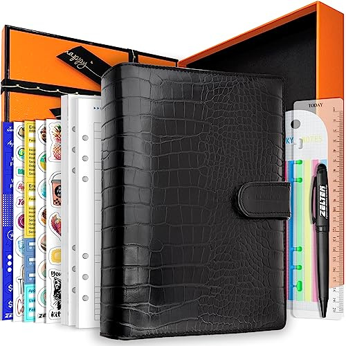 Zelten PU Leather Personal Notebook Planner with 67 Pages Loose-Leaf Papers 6 Holes Ring Binder Pen Holder Magnetic Buckle (Black Faux Crocodile Texture,A5 Gift Box)