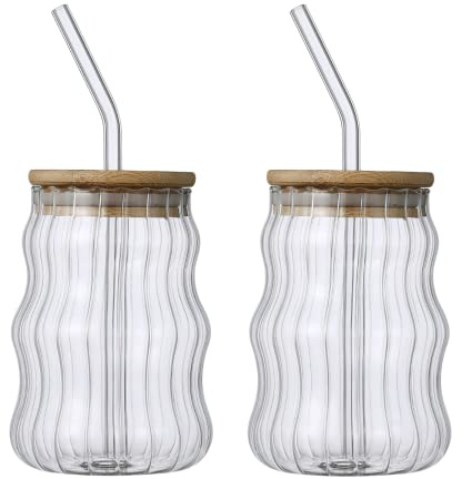 HanOBC 500ml Creative Drinking Glasses Set of 2 Wave Shaped Glass Cups with Lids and Straws Beer Glasses Ice Coffee Glasses Vintage Ribbed Glassware for Beverage Juice
