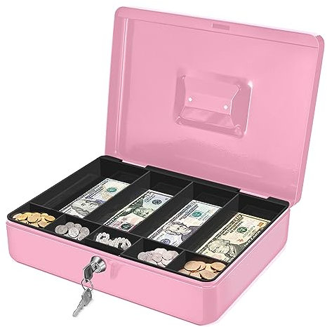Flexzion Cash Box with Money Tray and Lock - Metal Cash Box for Small Businesses, 9-Compartment Pink Money Box with Removable Tray and Key, Portable Storage for Checks and Coins