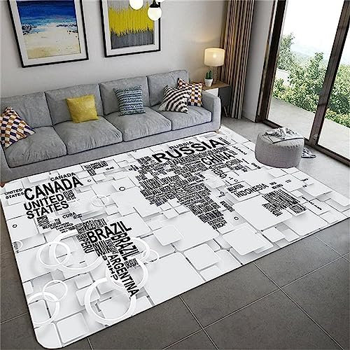 Schwarz-Weiß-Weltkarte Teppich Kinderteppich Wohnzimmerteppich Schlafzimmerteppich 3D-Gedruckter Superweicher Flanellteppich 200 X 300 cm / 78,7 X 118,1 Zoll -Polyester-Soft-Touch,Leicht Zu Reinigen