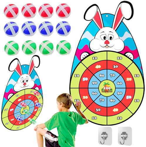 Hpbaggy Ostern Häschen Dartscheibe, 75cm Kinder Klett Dartscheibe mit 12 Klebrigen Bällen, Drinnen und Draußen Dart Wurfspiel Set, Geschenke für Kinder Ostern Spielzeug