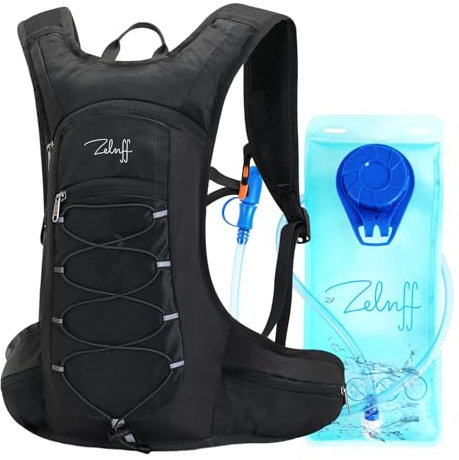 Zelnff Trinkrucksack mit 2L Trinkblase| Trinkrucksack Laufen | Laufrucksack mit Trinkblase 2l | Trinkrucksack Fahrrad | Laufen, Fahrradfahren & Joggen,Wasserblase (schwarz mit 2l Trinkblase)
