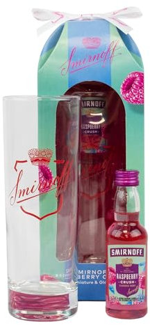 Smirnoff Vodka Gift Set - Flavoured Miniature & Glass Set, Official Licensed 1x 5cl Smirnoff Raspberry Crush & Branded Hi-Ball Glass - Alcohol Vodka Gifts for Men, Women, Birthday, Stocking, Christmas