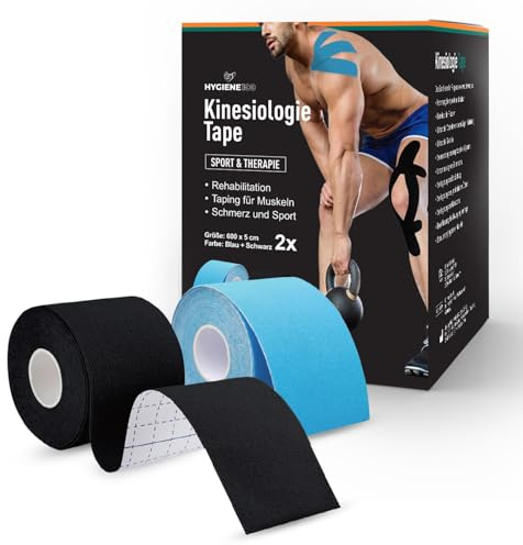 Kinesiologie Tape - 2 Kinesiologie-Tape Rollen Blau + Schwarz (5 cm x 6 m) - elastisches Sporttape - therapeutisch, latexfrei, frei zuschneidbares Tape zur Schmerzlinderung