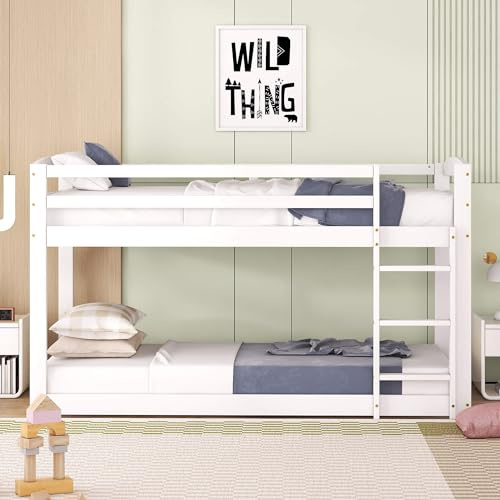 HYUB Etagenbett 90x200cm mit Leiter und Rausfallschutz, Kinderbett Hochbett mit Lattenrost, Einfache Montage, Hausbett für 2 Kinder, Bettrahmen aus Massivem Kiefernholz, Ohne Matratze, Weiß