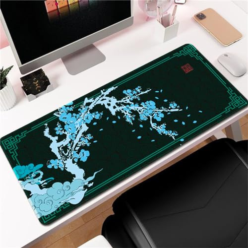 Hixingo Fleur de Prunier du Japon Tapis de Souris XXL, Tapis de Souris Gamer, Tapis Souris avec Bords Cousus, Tapis de Souris en Base Antidérapante Convient Gaming, Maison (800x300x3mm,Bleu Vert)