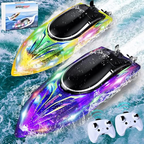 Herenear Ferngesteuertes Boot 2 Stück, Ferngesteuerte Boote für Kinder ab 6 8 10 Jahre, RC Boot mit LED-Licht für Erwachsene, Poolspielzeug Einstellbar Speedboot für Meere, Pools und Seen