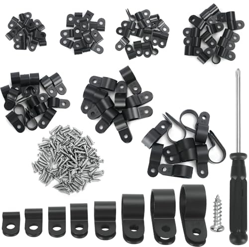 221pcs R Type Cable Clips, 8 Sizes P Clips, Nylon Cable Cleats, Black Wire Clamp, Outdoor with 100 Stainless Steel Screws & Screwdriver, for Electrical Cable Wire Conduit Cable Management