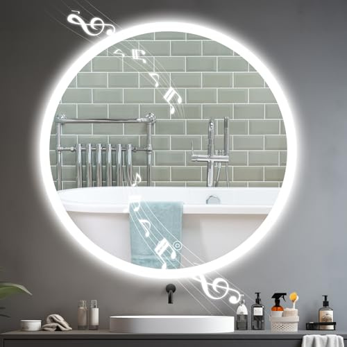 YOLEO Badspiegel mit Beleuchtung rund 70cm, Badzimmerspiegel LED mit Bluetooth-Lautsprecher, Wandspiegel mit Touchschalter und Explosionsgeschütztes Glas, 3 einstellbare Lichtfarbe