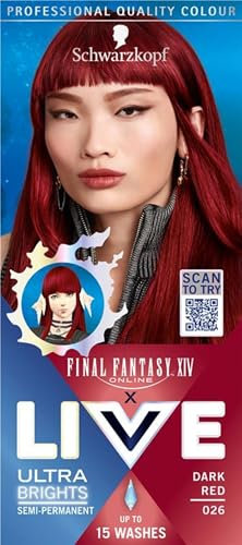 Schwarzkopf LIVE Ultra Brights or Pastels Dark Red 026 Shade, Semi-Permanent Red Hair Dye, FINAL FANTASY™ XIV Online x Live, Vibrant Hair Dye Kit Lasts Up to 15 Washes