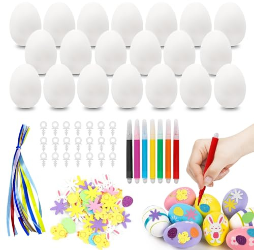 LETSHOLD 25 Stück Ostereier Plastik Weiß 6 cm, Plastikeier zum Bemalen, Osterdeko Basteln Set mit Farbpinsel, Aufkleber und Schlüsselbändern, Ostereier zum Aufhängen für Dekoration (A)