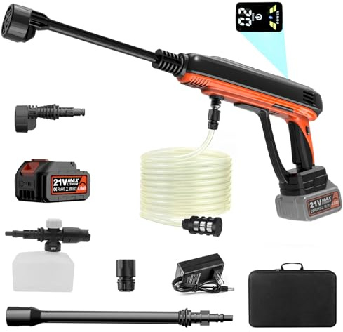 Bravolu Max 980 PSI - Limpiador de alta presión con batería de 4,0 Ah con boquilla multifunción 6 en 1, ideal para coches, barcos, jardín