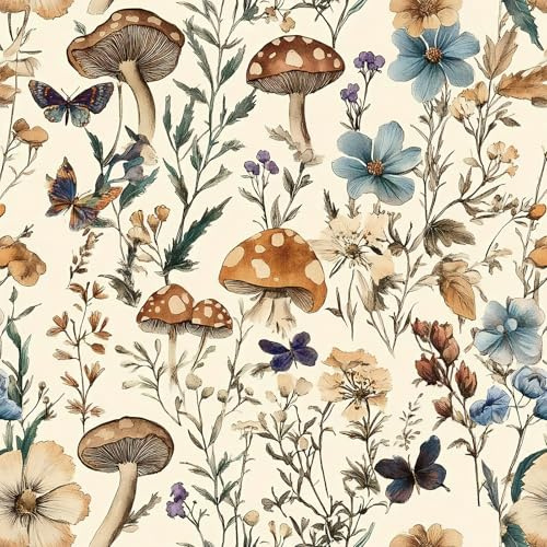 Froluya Mushroom Wallpaper Peel and Stick Vintage Floral Contact Paper 16.9 x 118.1 Boho Self Adhesive Removable Wallpaper Mushroom Forest Decorative Contact Paper for Bathroom Cabinets Vinyl