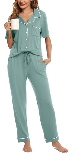 Lovasy pyjamas för kvinnor, mjuk dampyjamas klassisk pyjamas för kvinnor, set mysiga pyjamasset, pyjamas, myskläder med fickor, A-ljusgrönt, M