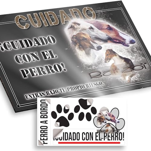 Lebrel Ruso Cartel Cuidado con el Perro 20x12,5cm - Diseño Antracita en Dibond con Pegatina Coche 20x5cm - En Español