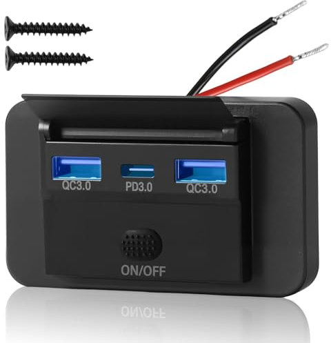 72W USB 12V Steckdose Wohnmobil, Autoladegerät Dual QC3.0 USB & PD3.0 Type C, Port Ladebuchse mit Knopfschalter, Wasserdichte Autostrom Schnelllade Adapter für 12 V / 24 V Autos, LKWs, Boot