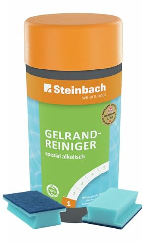 Steinbach | Reinigungsset für Pools | Gelrandreiniger Spezial alkalisch 1 l + Handschrubber Doppelpack | gegen Schmutz-, Fett- & Rußränder | für Folien, Wände & Beckenränder