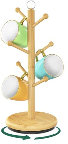 EsLuker.ly Mug Holder Tree Bamboo 360° Rotating Coffee Cup Display Rack with 6 Hooks for Home Kitchen Counter, Upgrade Wood Mug Stand Station Organizer, Building Your Dream Coffee Corner