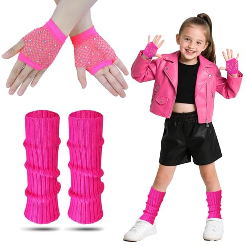 Baby flickor neon benvärmare, 80-tal flicka benvärmare med neon fisknät varma stickade handskar flickor leg warmers kostym tillbehör set för flickor 80-tals temafest fantasy klänning (röd rosa)
