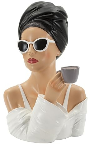 MF Figura decorativa Lady Paris, busto da donna moderno con occhiali da sole e tazza, bianco e nero, 29 x 20 x 18,5 cm