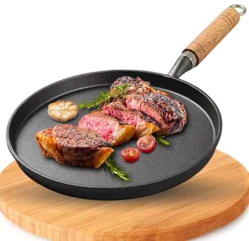 Tutamaz Gusseisenpfanne Induktion 26cm, Langlebige Gusseisen Pfannen, Cast Iron Pan Gusspfanne mit Holzgriff, Ideale Grillpfanne Induktion Eisenpfanne Kleine Steakpfanne Gusseisen Bratpfanne