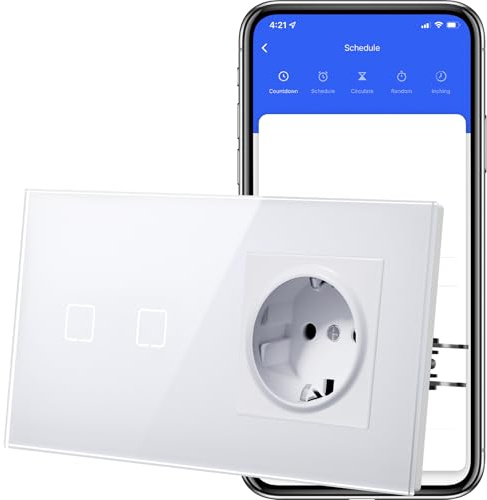 MVAVA Touch Lichtschalter Unterputz mit Steckdose, Wlan Lichtschalter Kompatibel mit Alexa/Google Home Work mit Tuya/Smart Life, Neutrale Leitung Benötigt 2 Fach 1 Weg