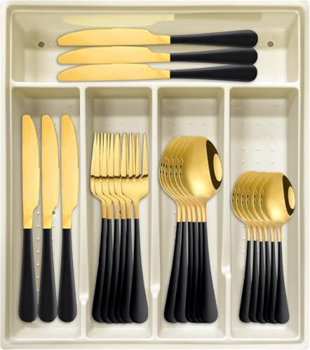 24-Piece Silverware Set with Organizer, Stainless Steel Flatware Cutlery Set with Non-Slip Handle, Mirror Polished Tableware Utensils Set for Home Restaurant (Black)
