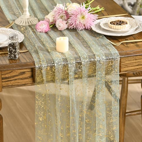 Artoid Mode Gaze Tüll Glitter Folie Salbei Grün Gold Frühling Tischläufer 70x300 cm, Sommer Küche Tisch Dekoration Drinnen Urlaub Party Dekor