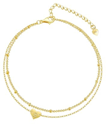 Halora Pulsera para mujer de plata, plata 925 con capas, pulsera con iniciales en forma de corazón, pulsera charms letras, collar letras, joyas, regalos para mujeres, chicas