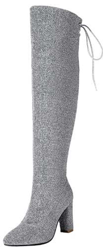 BULVJ Glittrande stövlar för kvinnor över knäet, Chunky-Heel dragkedja långa stövlar för att skapa olika vintermode-looks, silver, 42 EU