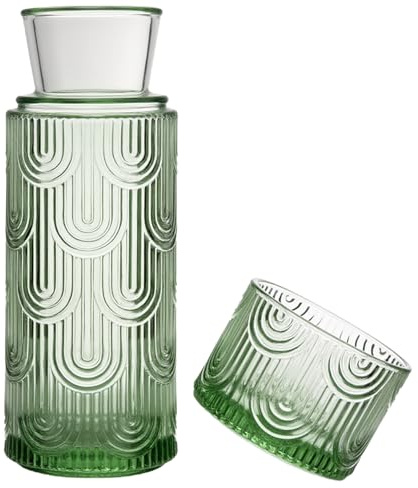 TANMESSO Bedside Water Carafe and Glass Set for Nightstand, Bedroom, 21.6 Oz Mouthwash Dispenser Bottle Container for Bathroom, Glass Carafe Pitcher with Lid (Green)