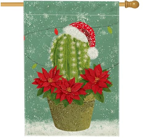 Bandiera per casa con cactus, cappello di Babbo Natale fantasioso con stella di Natale, rosso su entrambi i lati, in iuta, portico, bandiere decorative per esterni, patio, prato, ingresso, campeggio