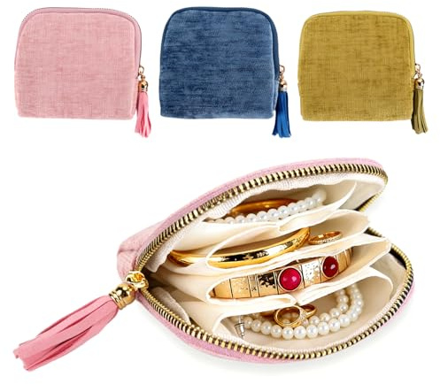 Travel Jewellery Box, Small Jewellery Organiser Storage Case for Necklace Earring Bracelet Ring, Girls Jewellery Box Pouch with Zipper, Small Gift Box for Women Ideal for Travel Business (Pink)