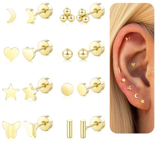 Pendientes planos para mujer, hipoalergénicos, chapados en oro, plata, acero quirúrgico, con cierre de rosca, pequeños y bonitos juegos de pendientes con diseño de estrella, corazón y mariposa