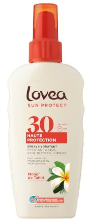 LOVEA - Spray Hydratant FPS 30 Haute Protection Solaire UVA-UVB - Monoï de Tahiti - Visage & Corps - Résiste à l'eau - Anti-Traces Blanches - Testé Dermatologiquement - Fabriqué en France - 150ml