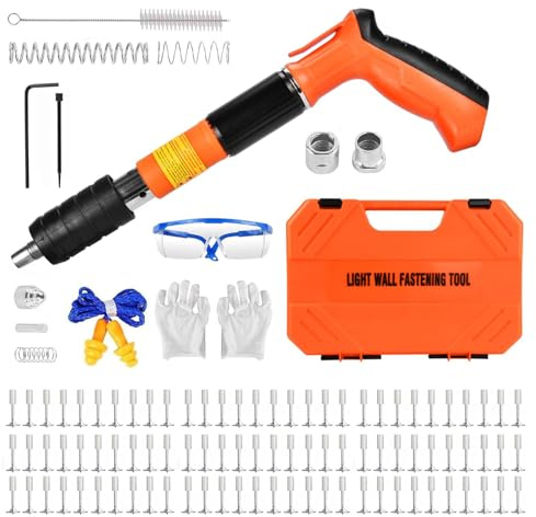Pistola de uñas Beton, pistola manual para hormigón y acero con 110 clavos redondos, 5 niveles de ajuste, pistolas de uñas con guantes de gafas, caja de herramientas, para techo y hormigón de pared