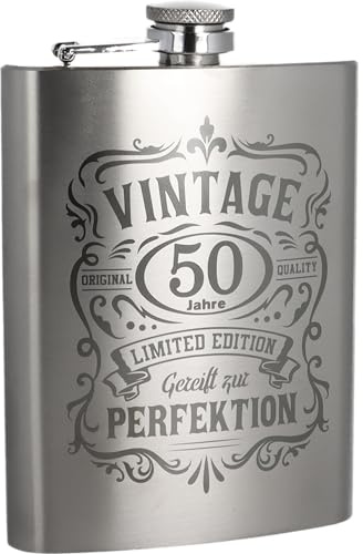 Edelstahl Flachmann mit Lasergravur – 236 ml (8 oz) – personalisierbares Design – auslaufsicher – Geschenk für Männer, Geburtstag, Jubiläum (50 Jahre)