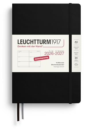 LEUCHTTURM1917 Veckokalender 2027 medium (A5) – tyska, svart, inbundet lock, 145 x 210 mm, 18 månader – 07. 2026-12.2027, 1 vecka per dubbelsida, 80 g/m² papper med hög bläckkompatibilitet