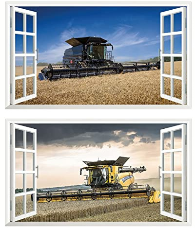 2Pcs Wandtattoo Traktor Trecker 3D Effekt XXL Farm Feld Landwirtschaft Wandaufkleber Fenster Selbstklebend für Junge Kinderzimmer v07 Größe 1000 mm breit x 600 mm tief (groß)