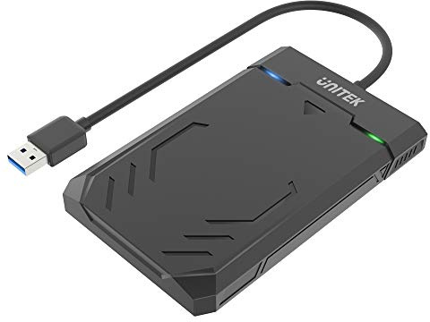 UNITEK Festplattengehäuse für 2,5 Zoll HDD/SSD SATA I/II/III Festplatten, Externe Festplatteschutz, mit eingebautes 3.0 Kabel, werkzeuglose Montage, schwarz Y-3036