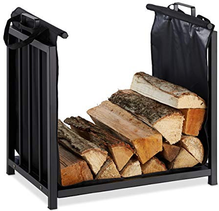 Relaxdays Scaffale Portalegna con Borsa da Trasporto, HLP: 50x51x37 cm, Legna da Ardere, Stufa e Camino, Interni, Nero, 50 x 51 x 37 cm