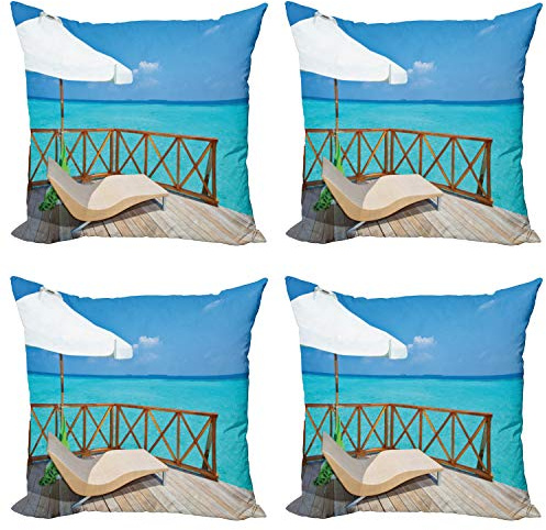 Lunarable Coastal Throw Pillow Cushion Case Pack of 4, Parasol and Chaise Lounges and Deckchair on Terrace of Water Villa Maldives, Modern Accent Double-Sided Digital Printing, 18, Aqua White Tan