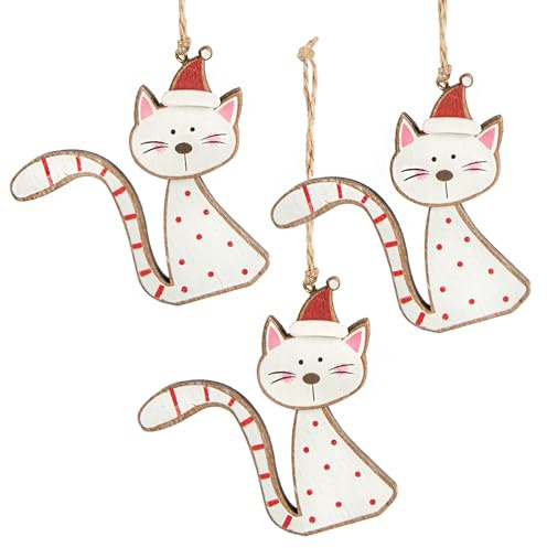 Weihnachtsanhänger Katze 7 cm – 3 Stück Christbaumanhänger aus Holz mit Mütze – lustige Weihnachtsdeko – Logbuch-Verlag