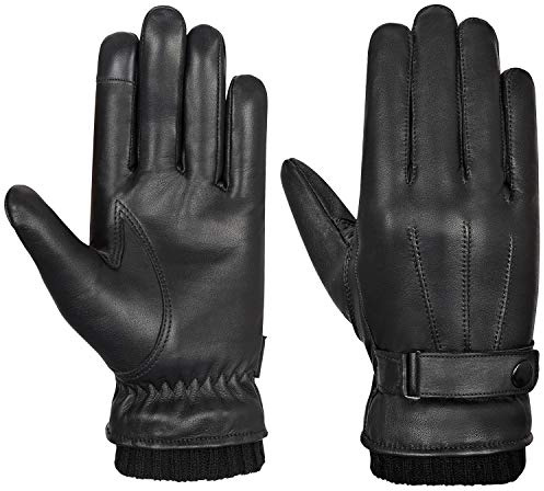 Oro Gloves Mens Winter Leather Gloves, Warm Winter Gloves, Touchscreen Compatible, Fleece Lined Black Leather Driving Gloves for Men, Warm Leather Gloves, Casual Outdoor Sports (Black, L)