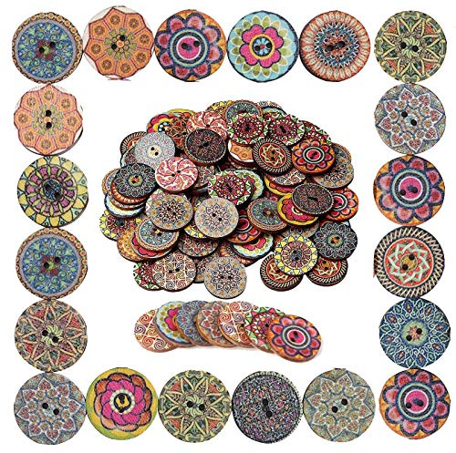 QincLing 50 Pcs Wooden Flower Buttons, 1 Inch Vintage Round Buttons with 2 Holes for DIY Crafts